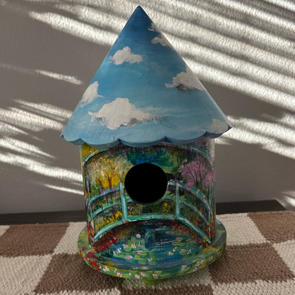 Hand-Painted Birdhouse with a Japanese Bridge Design